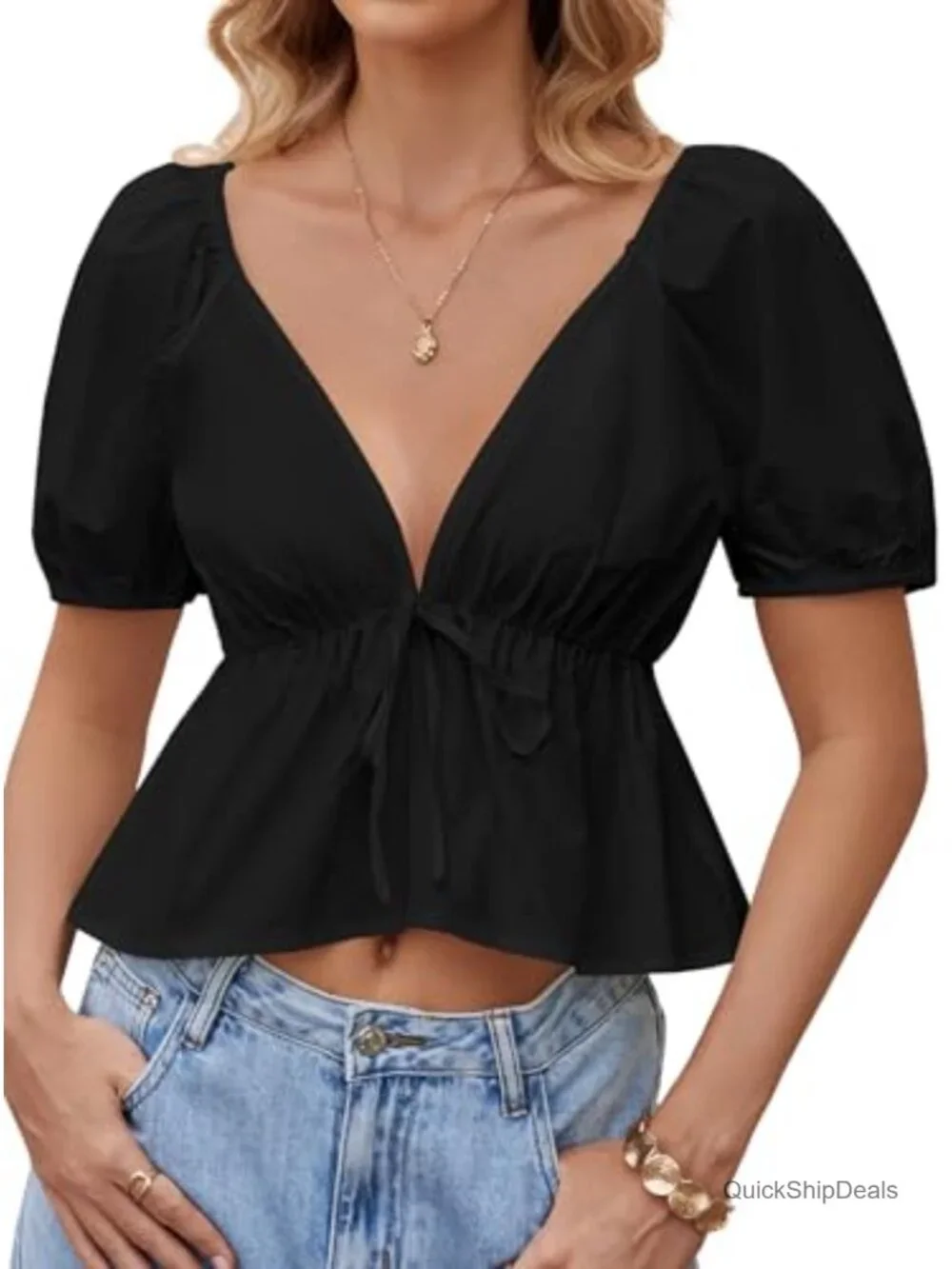 Deep V Neck Peplum Crop Top Ruffle Hem Puff Short Sleeve Blouse